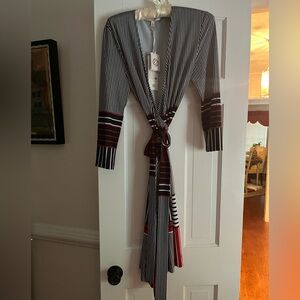 Etcetera Striped Black and White Wrap Dress with Red Accents